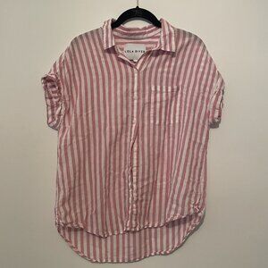Lola River Pink Striped Short Sleeve Linen Button Down Blouse Size Medium